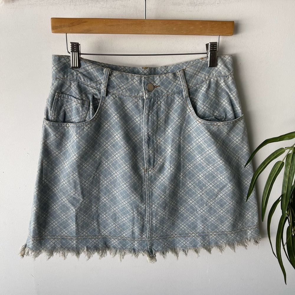 Storia Skirt Womens Large Blue White Windowpane Checkered Mini Denim Summer